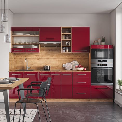 Cucina componibile Fame-Line, Bordeaux lucido/rovere dorato, 280 cm , PL Antracite, Vicco