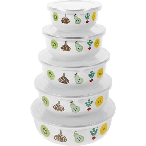 Lot de 5 saladiers en émail avec couvercle - Bol à soupe empilable - Bol à pâtes Bento - Bol pour petit-déjeuner - Pour pâte, ramen, soupe (1/5)