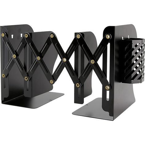 Serre-livres porte-stylo, étagère extensible, organiseur de bureau en métal robuste avec porte-stylo (noir, 7,5"x4"x5,9") (1/2)