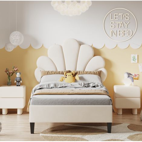 Letto imbottito 90x200 con testiera in velluto beige OKMYHOME (1/5)