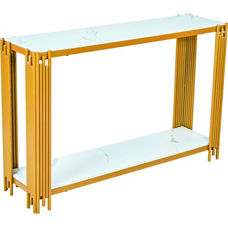 Mesa consola con 2 estantes, efecto mármol blanco y estructura metálica dorada, 123.5 x 33.5 x 80 cm (1/5)