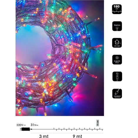 Catena luminosa LED Natale 180 led 9 mt cavo trasparente serie luminosa natalizie per esterno interno albero feste  Multicolore
