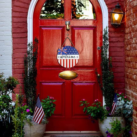Couronne en bois à suspendre pour la fête nationale américaine du 4 juillet, avec drapeau américain rouge, blanc et bleu, décoration patriotique pour porte d'entrée. (1/4)