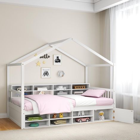 Goplus – Lit cabane enfants 90 x 200 cm – Cadre en pin massif – 14 casiers de rangement – Charge 200 kg – Espace de couchage semi-fermé (1/5)