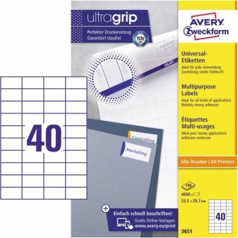 Universaletikett ultragrip 52,5 x 29,7 mm (B x H) nicht wieder ablösbar Papier weiß 4.000 Etik./Pack. (1/5)