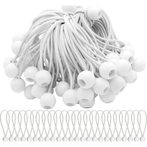 50pcs Tarp Bungees with Ball for Banners, Tarps, Pavilions, Tents - Expander Straps, Tarp Support, Rubber Bands (White) (1/5)