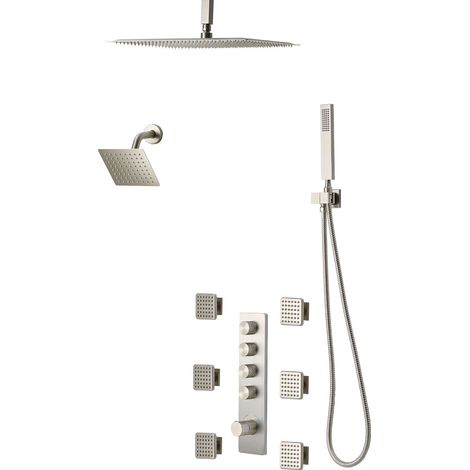 Mophorn Set doccia con sistema a pioggia da 406 mm, soffione montato a parete, doccetta portatile, 6 getti laterali, doppio soffione a pioggia, finitura con valvola in ottone, nichel spazzolato