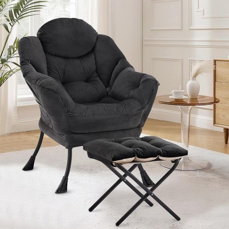 Bequemer Sessel mit Hocker, Relaxsessel mit Fußstütze und Seitentasche, Schwarz (1/5)