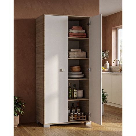 Armadio multiuso Clara 2 ante - Mobile contenitore dispensa salvaspazio - Ante in color Bianco e struttura in Olmo - 5 ripiani interni - 75x180x35 cm (1/5)