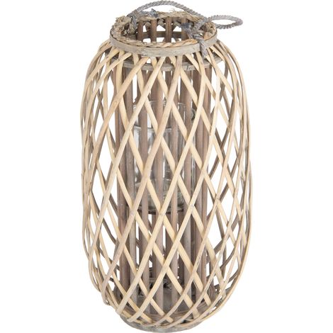 ECD Germany Lanterna Decorativa con Manico da Appendere 50 x Ø 28 cm con Vimini Legno Naturale Portacandele Rustica con Inserto in Vetro Retrò Decorazione da Giardino Terazza Balcone Interno Esterno