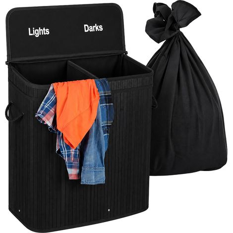 Relaxdays laundry hamper with lid, 2 compartments, bamboo, 100 l, foldable, HxWxD 60 x 52 x 32 cm, black (1/5)