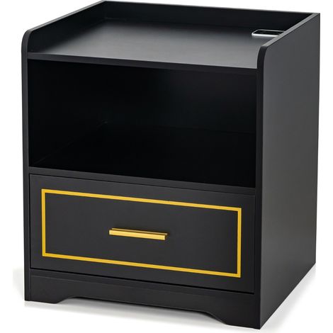 Comodino a LED con 2 porte USB ripiano aperto e cassetto Tavolino vintage Nero (1/4)
