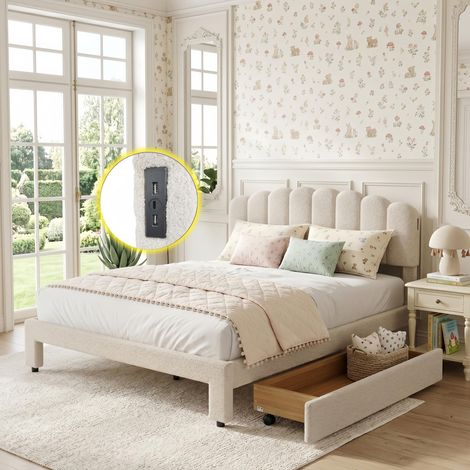 Lit adulte 140x190 cm avce grand tiroir, lit double velours teddy scandinave - ports USB et Type-C, tête de lit réglable en hauteur - Beige