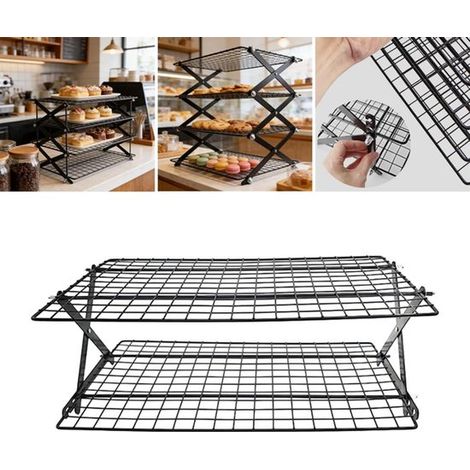 Étagère de refroidissement pliable à 2 niveaux - Étagère à gâteaux - Grille de refroidissement - Étagère de cuisine - Métal - Noir (1/5)