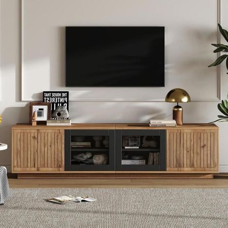 Meuble TV - KOMHTOM - 180x40x45 cm - 4 portes (2 verre) - LED intégré - Pour TV 75 pouces (1/5)
