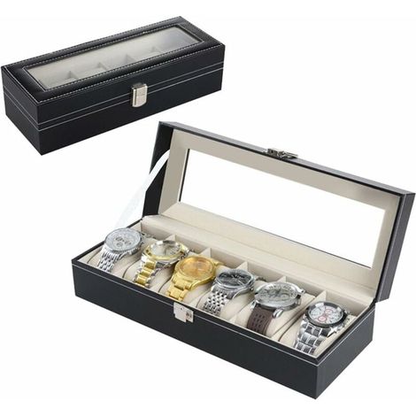Boîte de montre à bijoux/présentoir/Boîte/Boîte de rangement pour montres avec serrure en similicuir noir (6 emplacements)-Fei Yu (1/4)