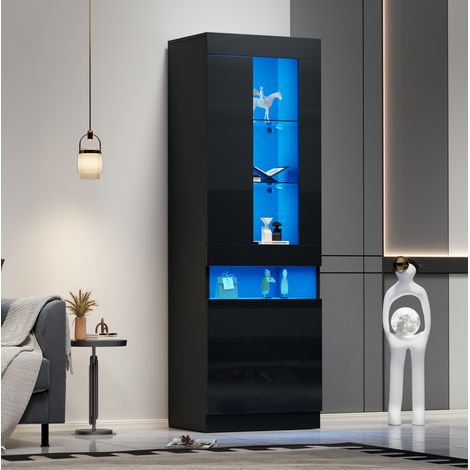 Vitrine noire 50x40x180 cm avec LED USB et 1 porte semi-ouverte, pour salon et bureau (1/5)
