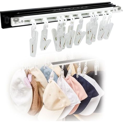 Lntyq Porte Chapeau, Support Casquette Mural Hat Hooks avec 10 Clips Supports Autocollant pour étagère D'armoire Portechapeaux Push-Pull Pour Chapeaux, Chaussettes, Sous-VêTements,30cm