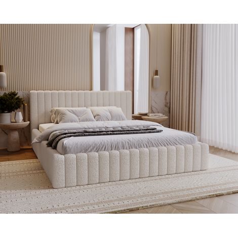 Emporius – Lit double 200x200 Billo – Lit rembourré avec coffre à literie – Tête de lit en tissu peau d'agneau – Couleur crème (1/5)