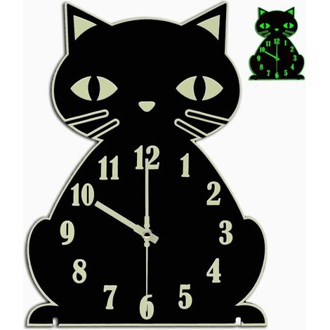 Reloj de pared con diseño de gato que brilla en la oscuridad: silencioso y luminoso para dormitorio, sala de estar y decoración del hogar. Bonito y único para niños y amantes de los gatos. Negro. (1/4)