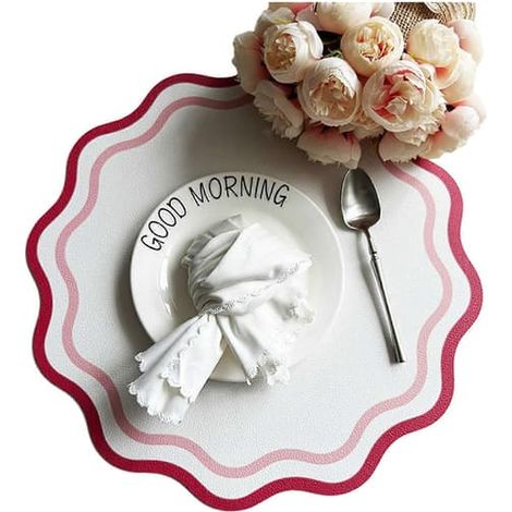 Set de table rond ondulé, imperméable, en similicuir, élégant et isolant thermique, pour table intérieure ou extérieure, mariage ou pique-nique, 35 cm, rose rouge (1/5)