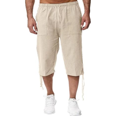 Short en lin pour homme, pantacourt léger et ample, taille élastique avec cordon, décontracté, plage, 3/4, respirant, confortable, été. (1/4)