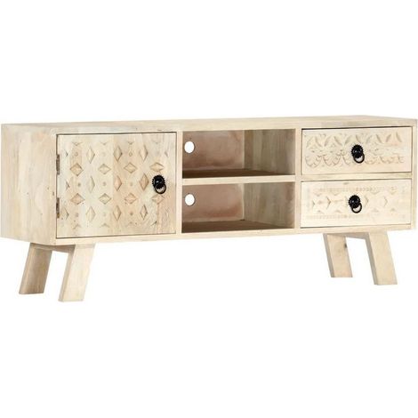 Meuble TV 2 tiroirs manguier massif blanc Endes 110cm (1/5)