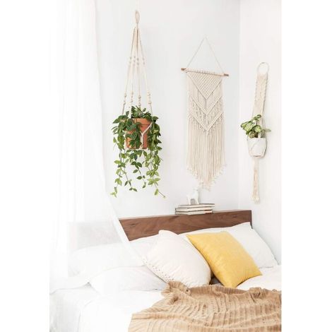 Cesto portavaso da interno sospeso in pizzo con perline di legno, supporto decorativo per piante (senza nappe) - 2 pezzi (1/4)
