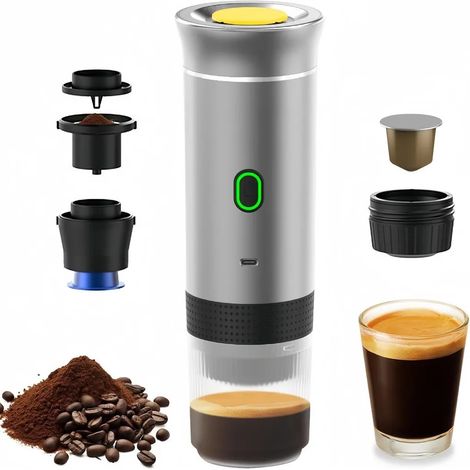 Tragbare Kaffeemaschine, 3-in-1 elektrische Kaffeemaschine, kann Kaffeekapseln und gemahlenen Kaffee verwenden, unterstützt Kaltbrüh- und Heizfunktionen (silber).