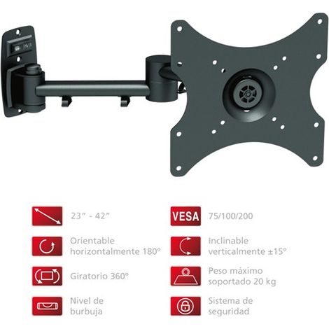 Support TV 23" à 42" Fonestar Extensible jusqu'à 46cm  VESA 200 x 200, orientable horizontalement, orientable sur 360°, noir