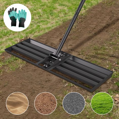 Jiubiaz Rastrello livellatore per prato 75 x 25 cm con manico in acciaio, fornito con guanti da giardinaggio con artigli