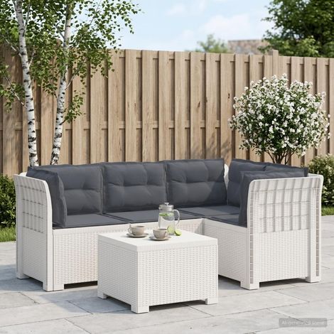 Canapé de jardin 4 places style rotin PP blanc avec coussins gris clair et table - PANGIVO (1/5)