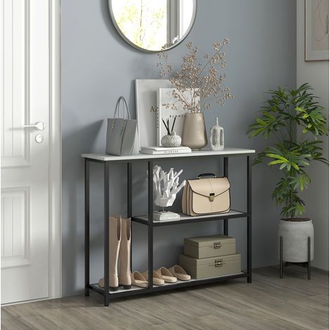 Console 100x30x80 cm en acier et panneaux de bois blanc, gain de place pour entrée FloraGrace (1/5)