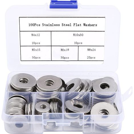 Lot de 100 rondelles plates en acier inoxydable - 5 tailles M4, M5, M6, M8, M10 - Rondelles d'écartement en métal pour vis, écrous, tige filetée (1/5)
