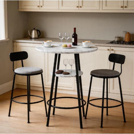 Tavolo da bar 60x89 cm con vano contenitore, piano effetto marmo bianco, struttura in metallo nero, per cucina (1/5)
