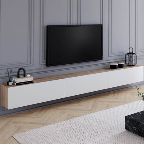 Mueble TV suspendido ELIO 3 puertas madera y blanco 270 cm (1/5)