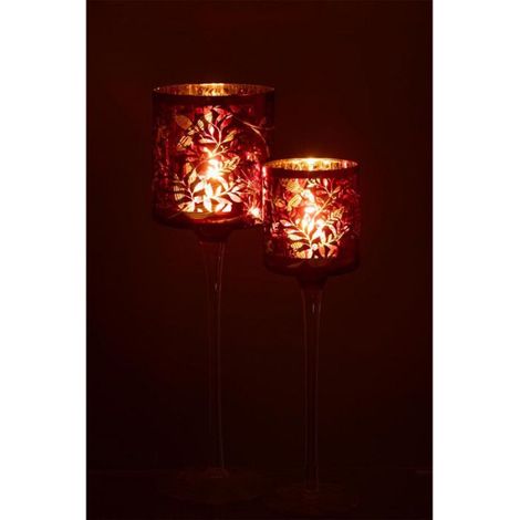 Photophore sur Pied en Verre "Feuilles" 25cm Rouge (1/5)