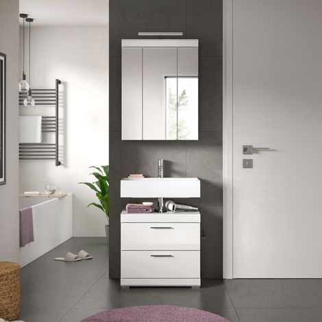 Meuble sous lavabo + armoire de toilette avec lampe blanc - KAN