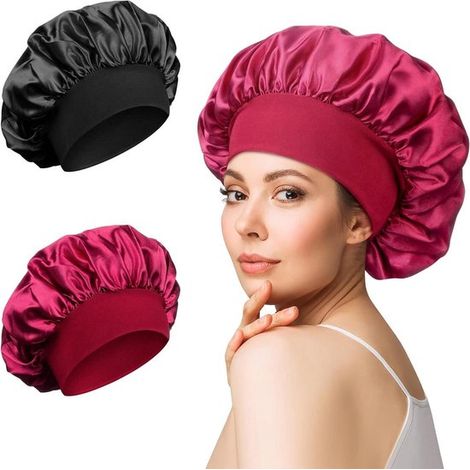 Bonnet de nuit réglable cheveux doux chapeau bande élastique femmes filles 2-pack (noir rouge) (1/5)