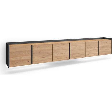 Mueble TV Alfarnatejo-02 de 309x50x35 cm suspendido, LED, color roble y negro (1/4)