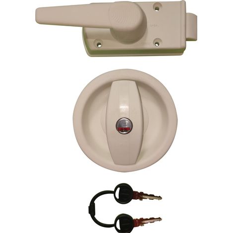 Serrure de portail ronde blanche 90mm – Pour porte 29mm d'épaisseur – Sens d'ouverture droite – Clés et barillet inclus – Zadi
