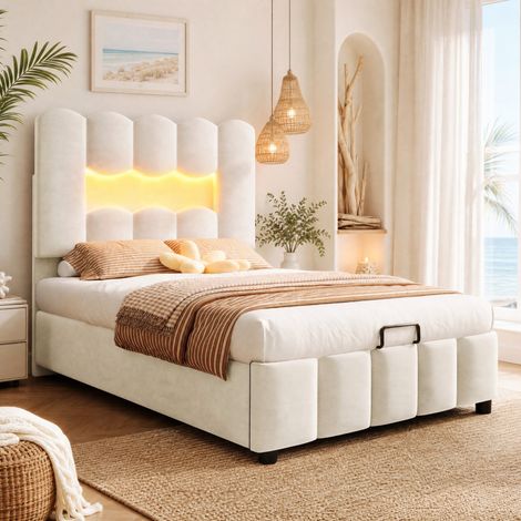 Letto singolo 90x200 cm in velluto beige, con contenitore LED per camera, senza materasso - FLORAGRACE (1/5)