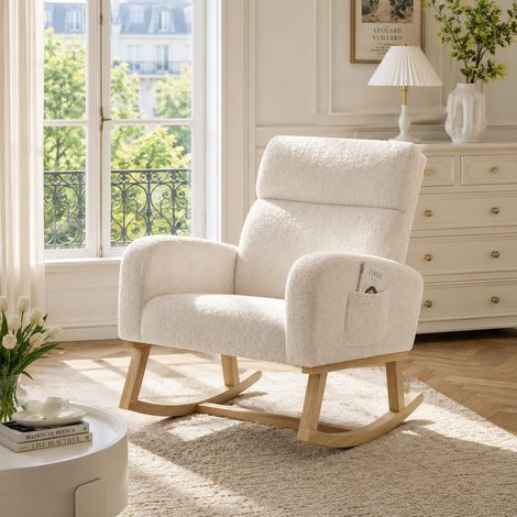 Fauteuil à bascule beige moderne avec coussin, dossier haut et accoudoirs, poche latérale, supporte jusqu'à 136 kg, salon/chambre ou balcon (1/5)