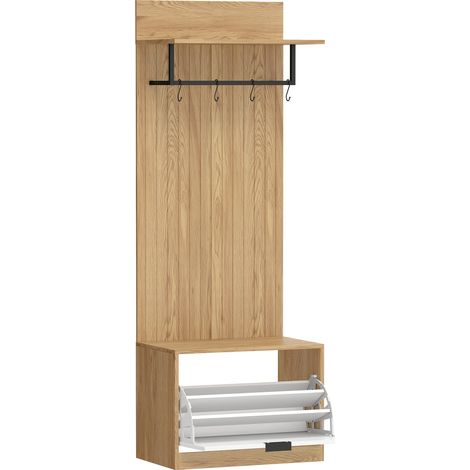 Meuble d'entrée 5 en 1 en chêne - 60x30x170 cm - Vestiaire avec banc à chaussures rabattable, étagère et 4 crochets - Pour couloir, entrée - Design pratique (1/5)