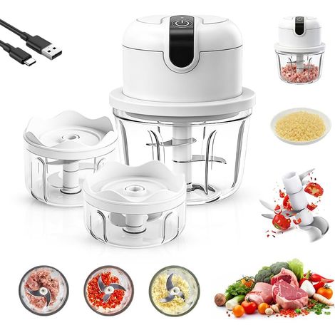 Mini hachoir à oignon électrique, 100 + 200 + 350 ml - Robot de cuisine sans fil - Petit hachoir à viande électrique pour viande, oignons, fruits, légumes (1/5)