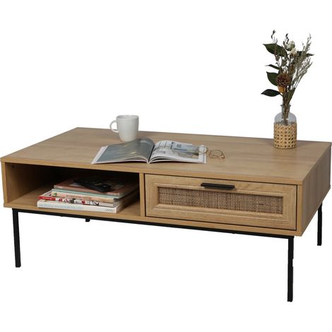 Rustikaler Couchtisch – Schublade in Jute-Optik und Ablagefach, 110x60xH42 cm, Farbe helles Eichenholz – Kollektion SAVORY