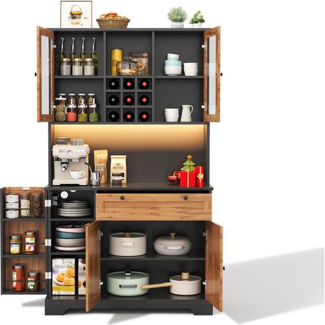 Küchenhochschrank mit 5 Türen und 1 Schublade mit LED und Steckdosenleiste, MDF, Schwarz und Natur, 105x40x180 cm (1/5)