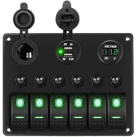 Panneau d'interrupteurs à bascule rétroéclairé vert 12 V/24 V LED, voltmètre numérique, double chargeur USB, prise allume-cigare, protection contre les surcharges, pour voiture, camping-car, bateau