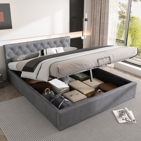 Letto contenitore 140x200 cm, letto imbottito 140x200 cm con rete a doghe, in tessuto velluto, grigio, senza materassino (1/5)