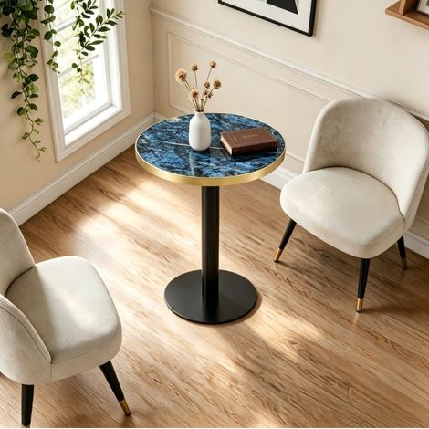 Tavolino tondo 60x73.7 cm blu in MDF e metallo con effetto marmo e bordo dorato (1/4)